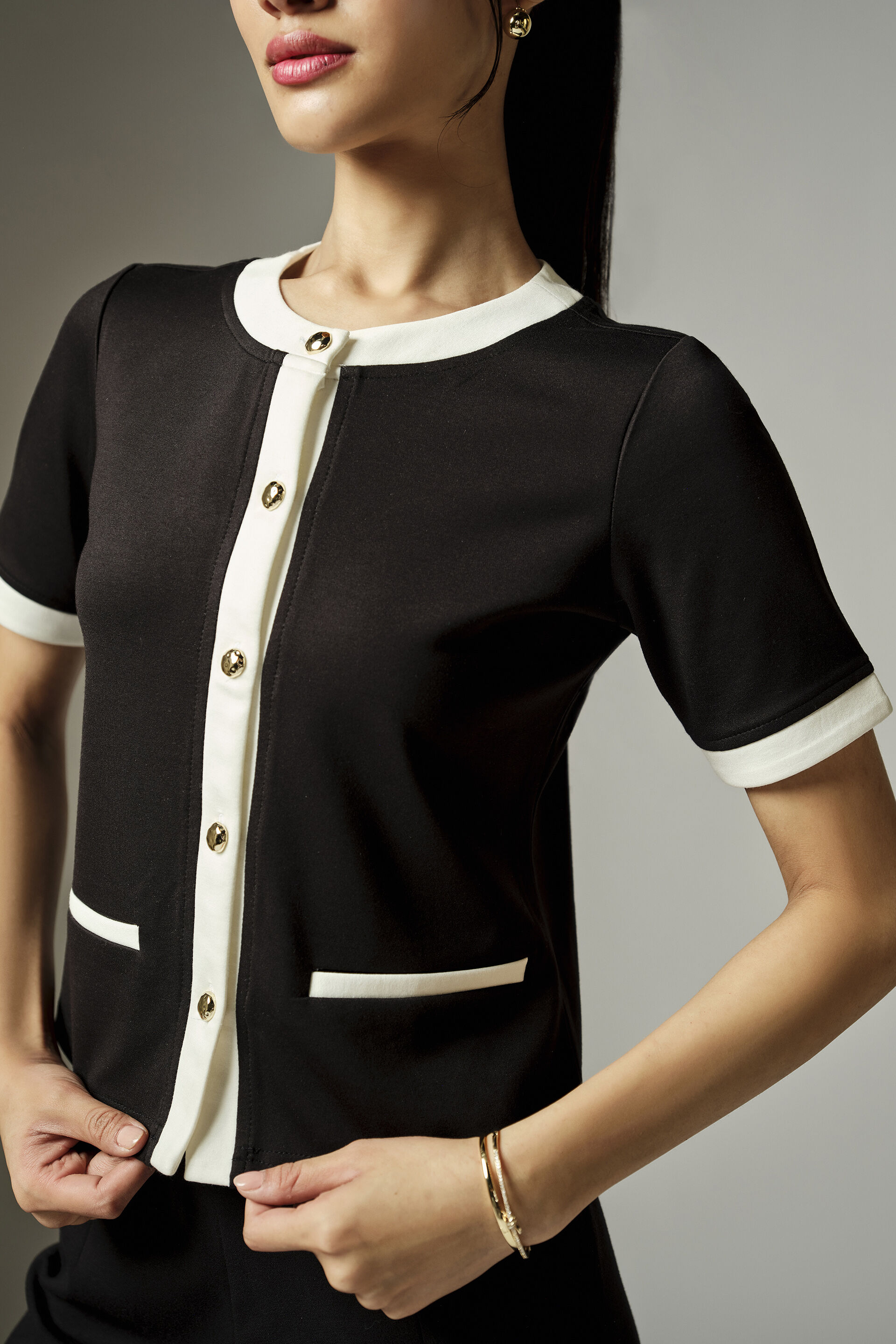 Black Contrast Trim Knit Top, Black, image 5